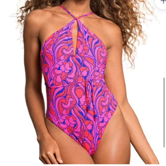 Maaji Spiral Cardamom Classic Halter High Leg One Piece Rosado Reversible Small - Picture 5 of 12